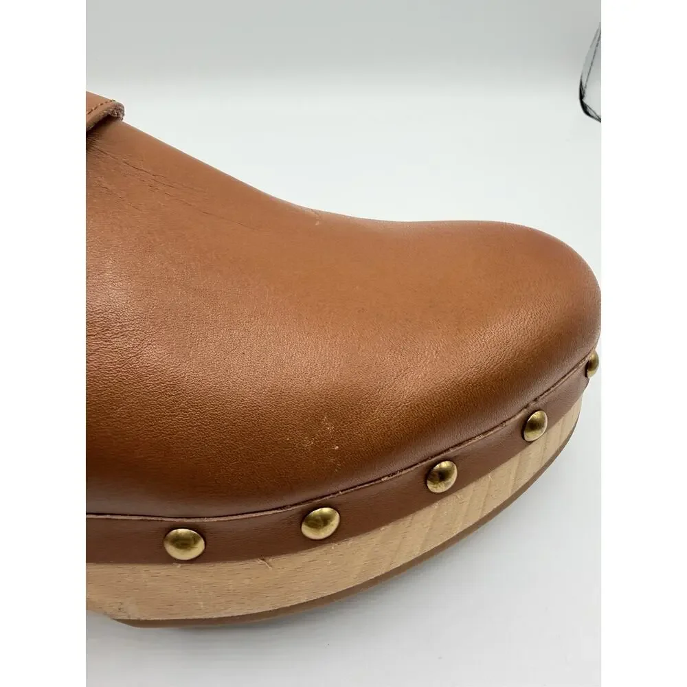 J.Crew Grace Convertible Leather Clogs Wooden Sole Studded Brown 7.5 Excellent